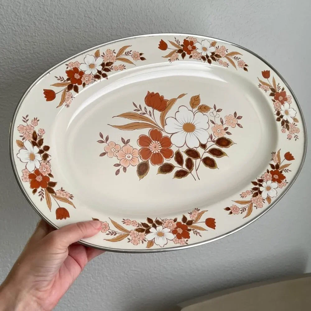 Vintage Enamelware Serving Tray Platter Floral Holiday Dining 17